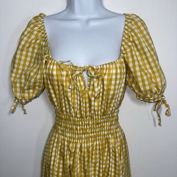 Faithfull Brand Flora Puff Sleeve Midi Yellow Mari Check Gingham Dress Women 6 - Picture 4 of 10